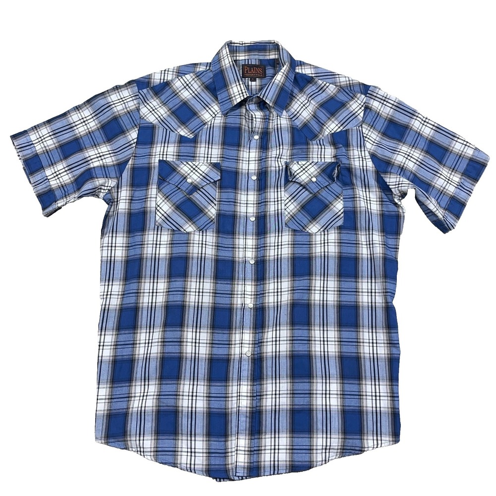 Plains Western Wear Shirt Men Large Blue Plaid Pearl Snap Button Cowboy Yoke